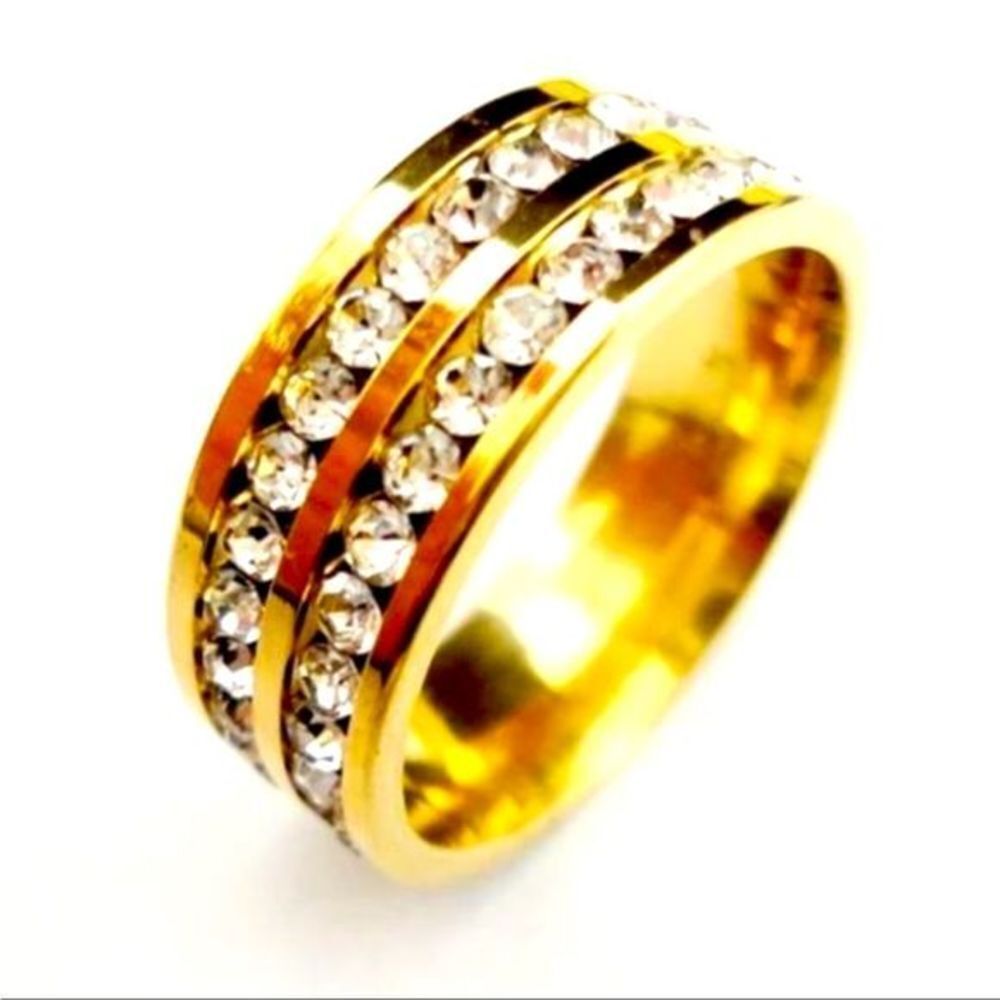 Gold Stainless Steel Double Row Zircon Diamond Ring New In Gift Box